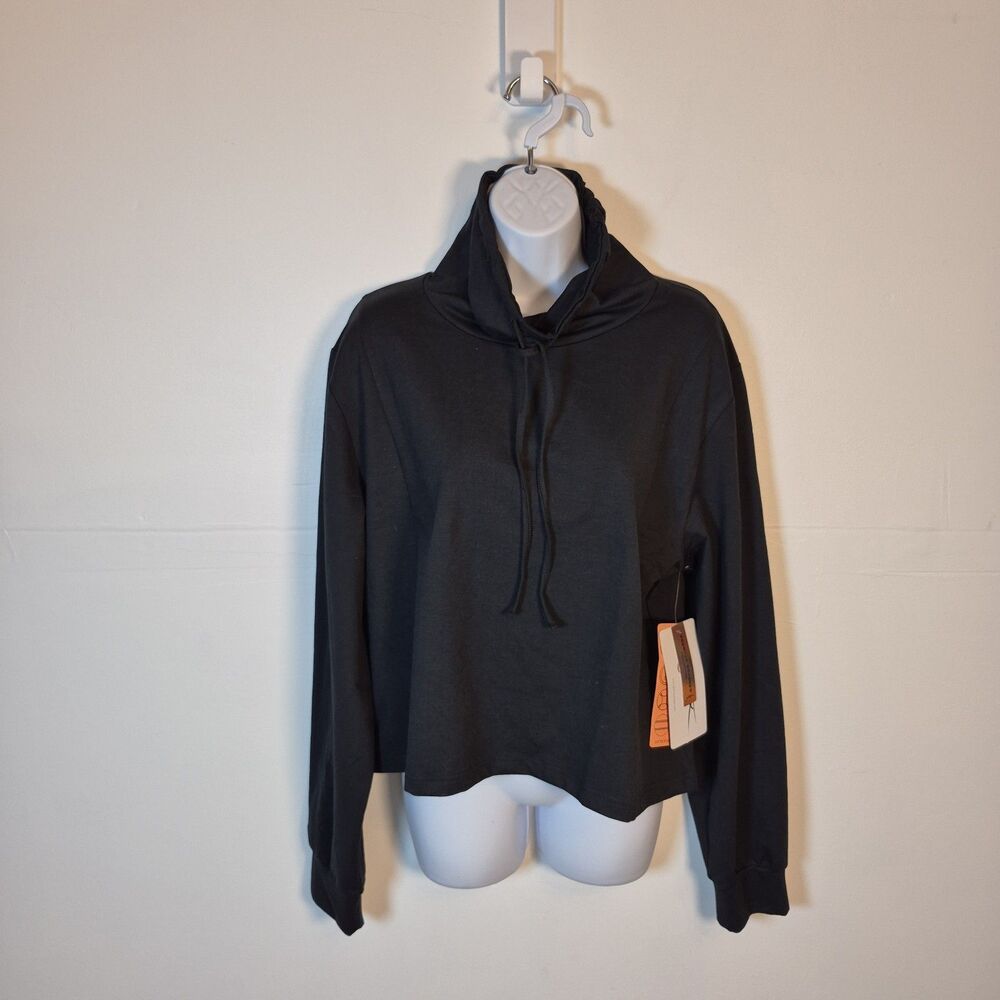 X by Gottex Active Cropped Top Size L Black Funnel Neck Long Sleeve Drawstring